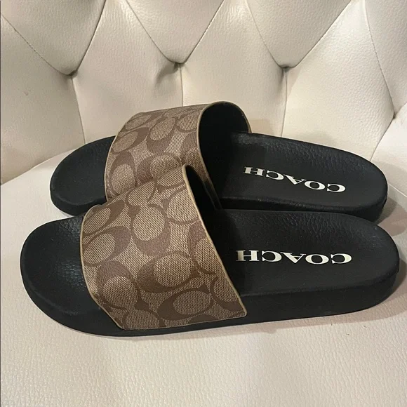 Coach Brown Logo Slide Sandals with Black Footbed - Picture 5 of 8